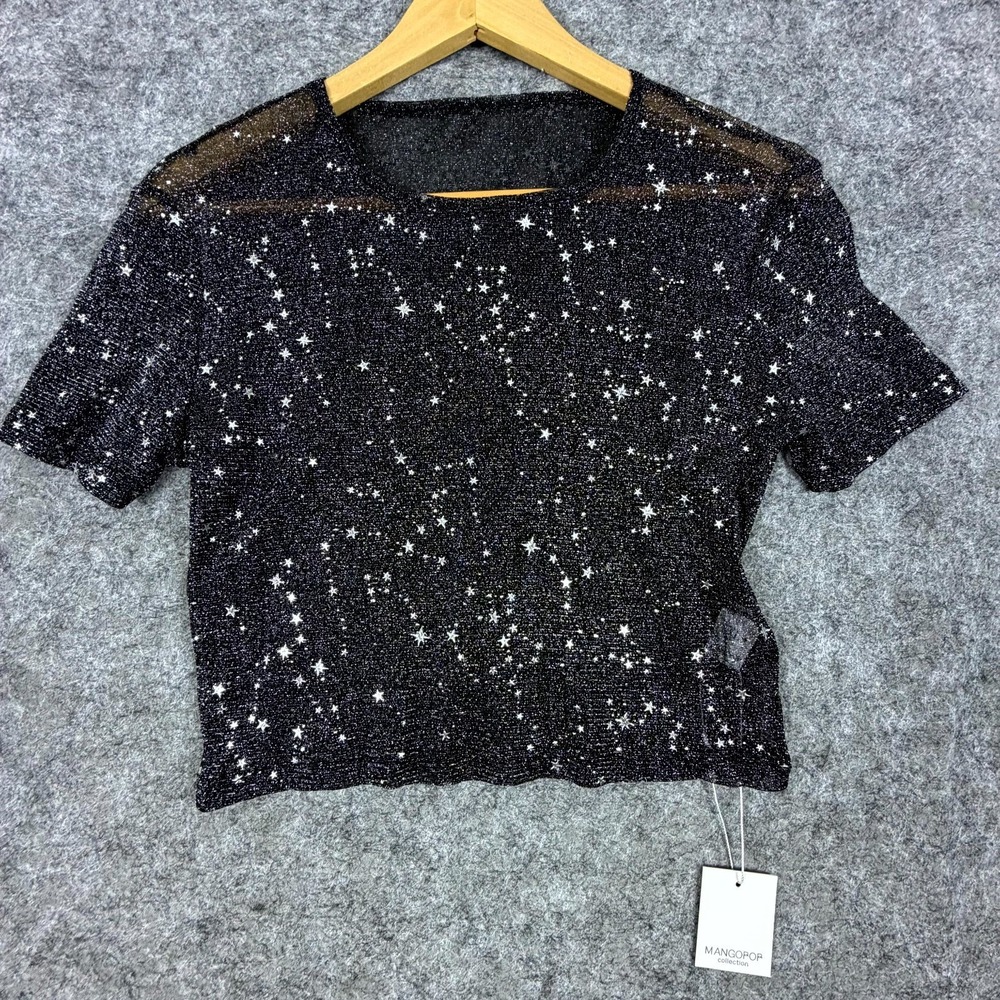 Mangopop Glitter Sheer Mesh Top Womens XL Black Star Sparkle Festival Club